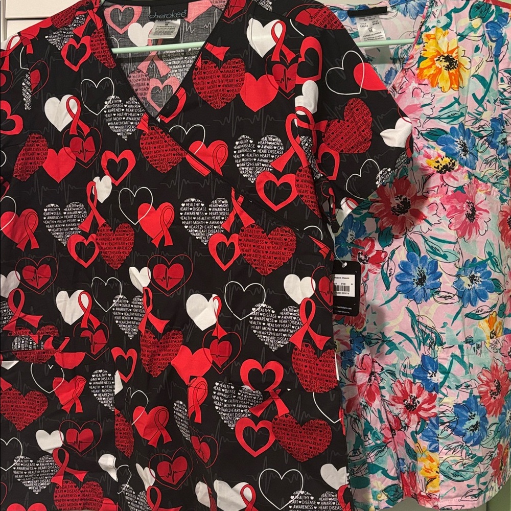 Cherokee Black and Pink Heart and Floral Print Scrub Tops